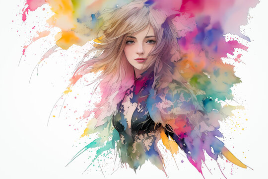 カラフルな色彩あふれる女性の水彩画イメージ1 Colorful Watercolor Image of a Woman generative AI