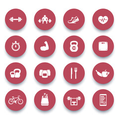 16 fitness, gym, sport, workout, healthy living round red icons