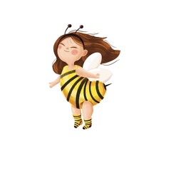 Cute cartoon girl in bee pajama costume with wings on white background