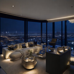 A luxurious penthouse suite illuminated by the night sky