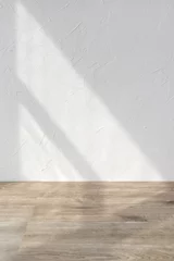 Papier Peint photo Mur Sun light shadows on white textured wall and beige wooden floor, blank design template for home room interior or product stand mock up, business brand advertisement background, copy space