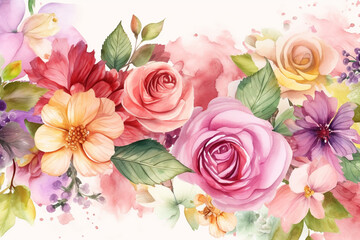 Vector watercolor banner with beautiful flowers framed for mother's day, Generative AI	
