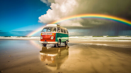 Beach scene with vibrant rainbow and retro-style van parked on the sand - obrazy, fototapety, plakaty