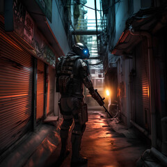 Fototapeta na wymiar Mercenary in back alley