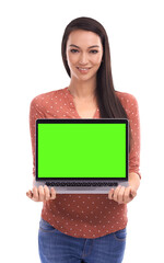 Woman, happy and laptop green screen in portrait for presentation of website, logo or app by transparent png background. Isolated student girl, computer and mock up space, promotion and web review