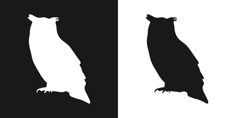 Vector set of decorative, detailed, isolated, owl in black on white background