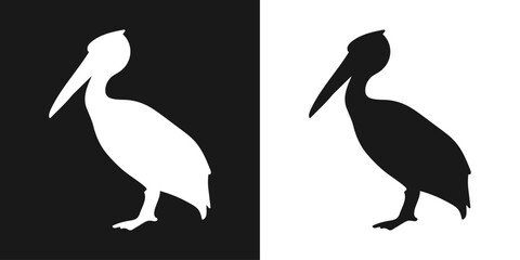 Vector set of decorative, detailed, isolated, pelican in black on white background