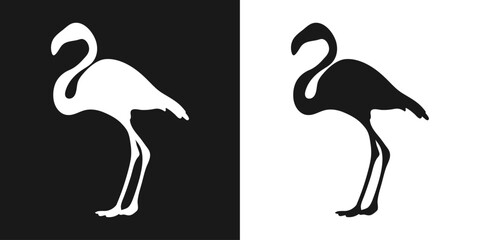 Vector set of decorative, detailed, isolated, pink flamingos in black on white background