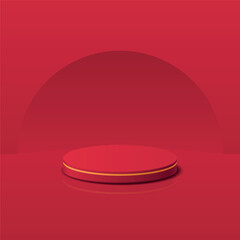 Realistic red and gold round podium 3d vector illustration.