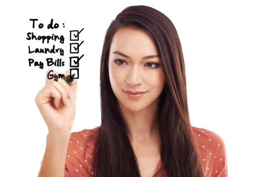 Face, woman and writing to do list for planning checklist, tick box and schedule time management. Check mark, pen and female person at note of goals, agenda and isolated on transparent png background