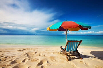 Beach Chair and Umbrella on Sunny Background with Copy Space. Vacation Concept
