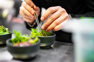 Chef cooking vegetables salad on restaurant kitchen