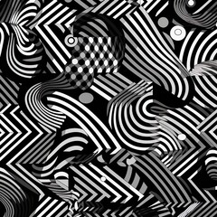 An eye-catching, vector seamless pattern consisting of various striped geometric elements, such as lines, waves, and zigzags, creating a visually striking abstract texture. - Generative AI, Generative