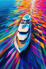 Un superyacht de luxe, dans le style des éclaboussures de couleurs, peintre d'art op, abstractions aériennes, dmitry spiros, ultraviolet