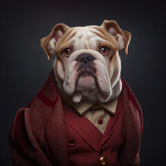 Realistic lifelike bulldog doggy pup in dapper high end luxury formal suit and shirt, commercial, editorial advertisement, surreal surrealism. 