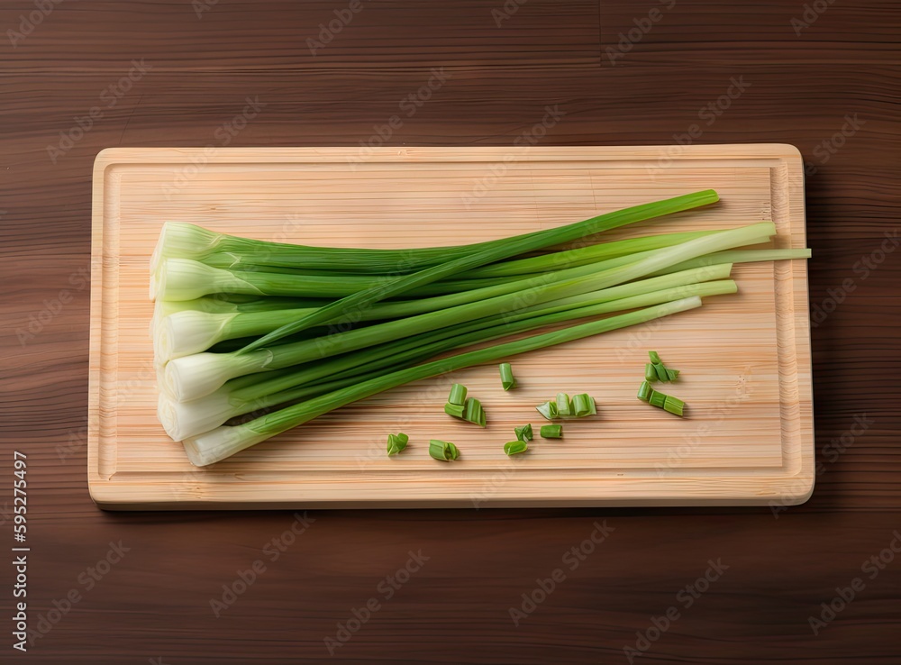 Aufkleber green onion isolated on cutting board created with generative ai technology