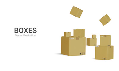 Obraz premium Set of parcels. Template of shopping packages. Cardboard boxes for packing and transportation of goods. 3D Vector concept illustration