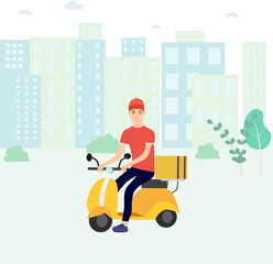 Delivery Service via mobile phone. Man Courier Riding Motorcycle With Box Parcel. City Buildings Background. Man riding scooter. Vector illustration.