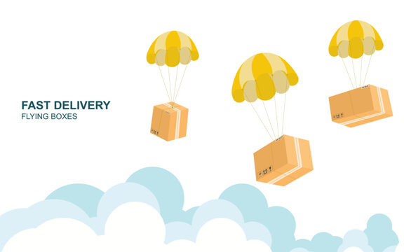 Flat line concept of fast delivery service, package delivery. Delivery boxes fly by parachutes. E-commerce template. Isolated vector illustration.