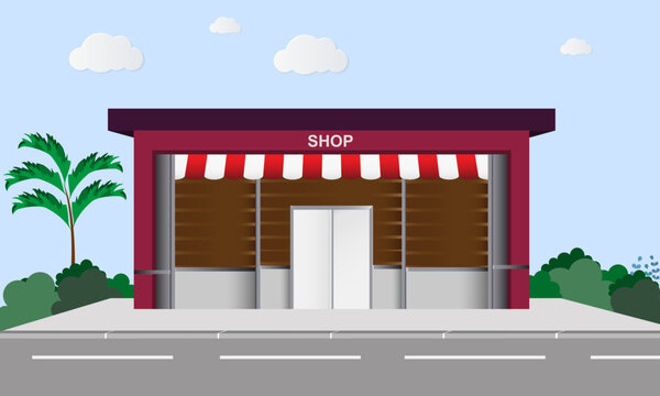 Showcase in city vector illustration, store building on city street. Supermarket, mall built in modern architectural style. real estate for retail or real estate. vector illustration.