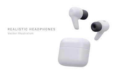 Realistic Detailed white 3d Wireless Headphones Technology Device. Vector illustration of Bluetooth Earbuds in Charging Case. Vector 3D render