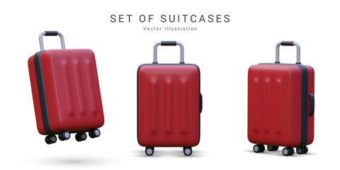 .Set of realistic red  plastic suitcases. Travel bag isolated on white background. 3D Vector Illustration