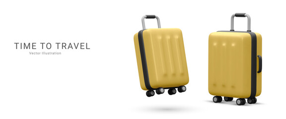 Marketing banner time to travel in 3d realistic style with suitcase. Vector illustration