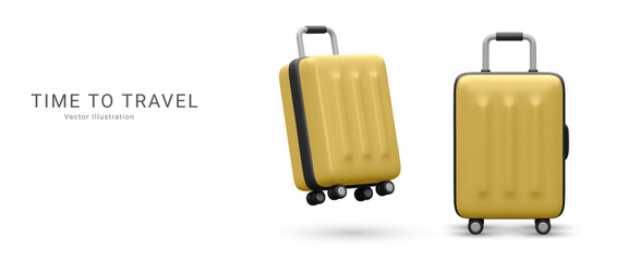 Marketing banner time to travel in 3d realistic style with suitcase. Vector illustration