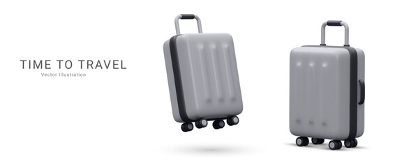 Marketing banner time to travel in 3d realistic style with suitcase. Vector illustration