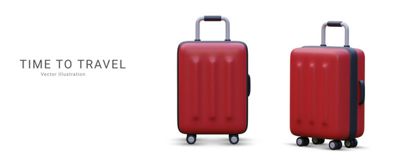 Marketing banner time to travel in 3d realistic style with suitcase. Vector illustration
