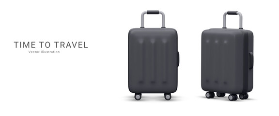 Marketing banner time to travel in 3d realistic style with suitcase. Vector illustration