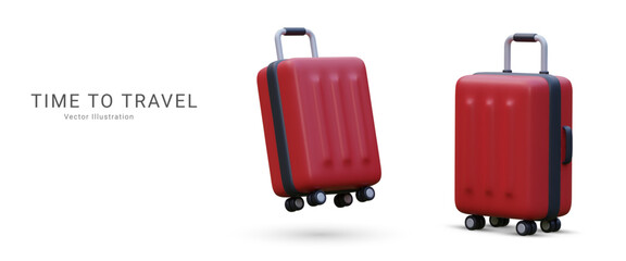 Marketing banner time to travel in 3d realistic style with suitcase. Vector illustration