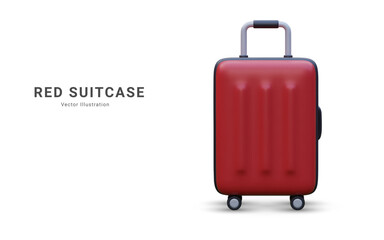 Realistic plastic suitcase. Red travel bag isolated on white background. Traveling banner template. 3 D Vector Illustration