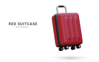 Realistic plastic suitcase. Red travel bag isolated on white background. Traveling banner template. 3 D Vector Illustration