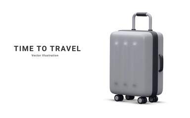 Realistic plastic suitcase. White  travel bag isolated on white background. Traveling banner template. 3 D Vector Illustration