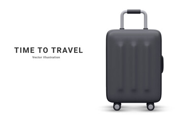 Realistic plastic suitcase. Black travel bag isolated on white background. Traveling banner template. 3 D Vector Illustration