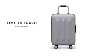 Realistic plastic suitcase. White  travel bag isolated on white background. Traveling banner template. 3 D Vector Illustration