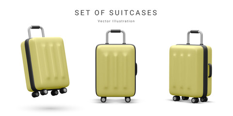 .Set of realistic plastic suitcases. Travel bag isolated on white background. 3D Vector Illustration