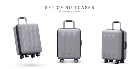 Set of realistic plastic suitcases. Travel bag isolated on white background. 3D Vector Illustration