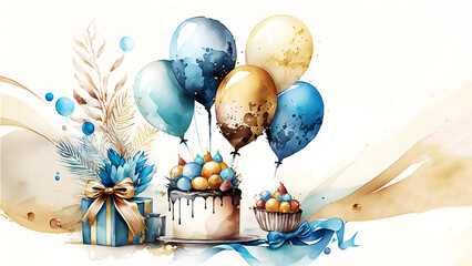 Happy birthday holiday celebration concept. Greeting birthday party, decoration invitation card. Watercolor illustration, Generated AI.