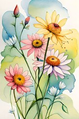 wildflower bundle isolated watercolor on completely white background pastel colors