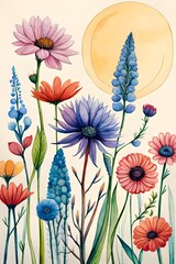 wildflower bundle isolated watercolor on completely white background pastel colors