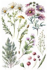 wildflower bundle isolated watercolor on completely white background pastel colors