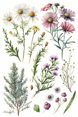 wildflower bundle isolated watercolor on completely white background pastel colors