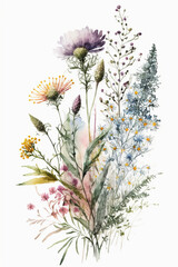 wildflower bundle isolated watercolor on completely white background pastel colors