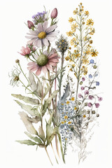 wildflower bundle isolated watercolor on completely white background pastel colors