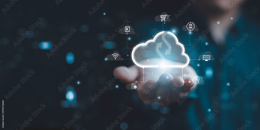 Poster businessman holding and giving virtual cloud computing with copy space to transfer data information 