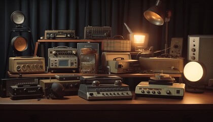 Fototapeta premium different types of vintage electronics on a wooden table ai, ai generative, illustration