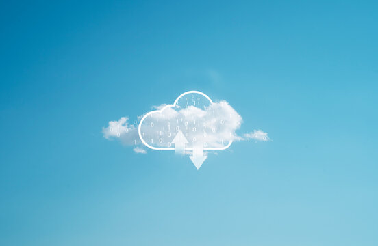 Virtual computing with natural white cloud sky on blue background , Cloud technology is transfer data information and upload download application concept.