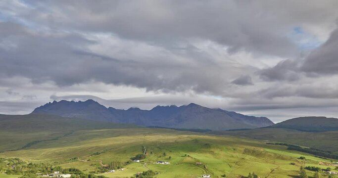 Time Lapse of mountain range with heavy cloud cover, Isle of Skye, Scotland, United Kingdom